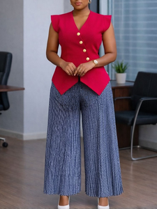 SE12250 Top d'été sans manches à col en V boutonné, couleur unie, en Spandex/Polyester, imprimé et plissé, style transfrontalier Europe-Amérique - Product Image 3