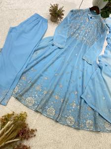 Ensemble Anarkali indien pakistanais en georgette brodée bleu clair à séchage rapide avec churidar et dupatta pour mariage et fête - Product Image 6
