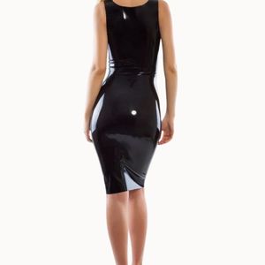Sexy Black PU Bodycon <b>Dress</b> Sleeveless Knee-Length Fitted With Slit And Zippers Party Wear Solid Color All Seasons - Product Image 2