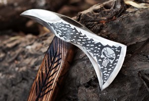 Handmade <b>Axe</b> Carbon Steel Blade With Etching <b>Wood</b> Handle With Leather Sheath Outdoor Knife - Product Image 2
