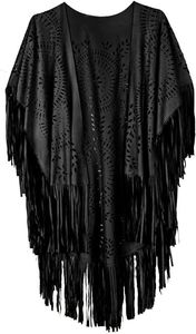Women's Black Fringe Shawl Medium Length Geometric Pattern Polyester Lightweight Bohemian <b>Scarf</b> For Daily Wear - Product Image 4