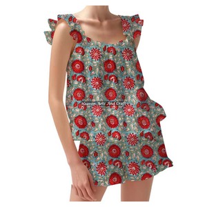 Women's Floral Pajama Set 2 Piece Loungewear Ruffle Hem Tank Top Vest Shorts <b>PJs</b> Set Ruffle Sleeve Cami Lounge Set Ruffle Trim - Product Image 1