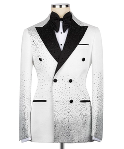 Men’s White & Black Rhinestone Double Breasted Tuxedo – Contrast Lapel Wedding Party Suit <b>Blazer</b> - Product Image 1