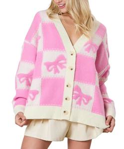 Cardigan long décontracté en maille pour femme avec col en V, boutons, imprimé nœud et blocs de couleur, respirant pour le printemps - Product Image 2