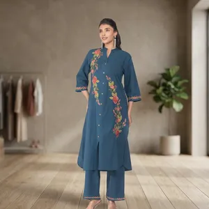 Women's Teal Blue Embroidered Cotton <b>Linen</b> Kurta Pant <b>Set</b> Mandarin Collar Three Quarter Sleeve Straight Fit Ethnic Outfit - Product Image 1