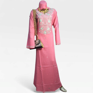Pink Embroidered Chiffon Elegant <b>Kaftan</b> Dress with Floral Front Design Long Sleeve Traditional Wedding Party Wear - Product Image 1