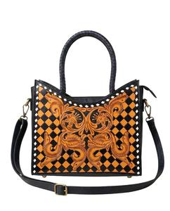 Trending Genuine Leather Handmade Checkered Western Speedy Handtooled <b>Bags</b> Vintage Women Fashion Bohemian Waterproof ZIP Closure - Product Image 1