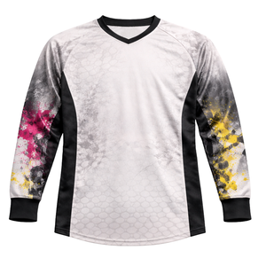 Camiseta de paintball blanca para hombre, diseño de salpicaduras, sublimación, patrón de panal, malla transpirable corta, ropa de equipo, marca personalizada, ajuste cómodo - Product Image 2