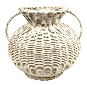Off-white woven <b>wicker</b> amphora <b>vase</b> with curved side handles for elegant coastal decor, available at wholesale prices. - Product Image 1