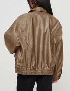 Women's PU Leather Bomber Jacket Full Sleeve <b>Zipper</b> Closure Turn-down Collar Autumn Style Solid Color Regular Fit - Product Image 2