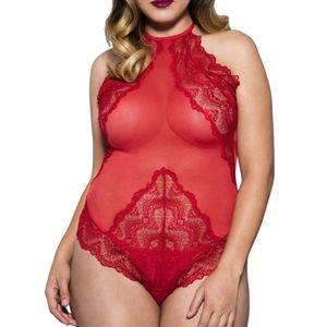 Women's Red Sequined Lace Sheer Bodysuit with Removable Chest Pad Sexy Lingerie See Through Design Halter Neck Style - Product Image 5