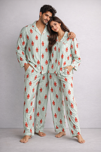 ชุดนอนผ้าฝ้ายลายปูพร้อมลายทาง เสื้อแขนสั้นและกางเกงขายาว ชุดนอนฤดูร้อนสำหรับผู้หญิง ชุดนอนพรีเมียม - Product Image 3