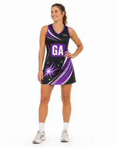 Vestido de Netball Personalizado para Mujer, Sublimado, Negro, Morado, Lila y Blanco, Sin Mangas, Cuello en V, Uniforme de Equipo con Panel de Posicionamiento - Product Image 5