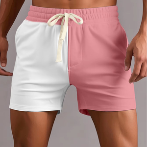 Men's Casual Contrast Color-<b>Block</b> Shorts White Navy Elastic Waist Regular Fit Machine Washable 100% Cotton Knitted Hot Shorts - Product Image 4