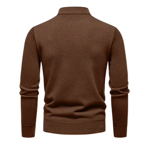 Pull à col montant zippé pour homme, marron, en polyester, décontracté, uni, à manches longues, avec poignets et ourlet côtelés, tricoté - Product Image 2