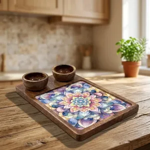 Mango Wood Serving Platter with 2 Bowls | Handmade Wooden Snack Tray | Appetizer Serving Plate | Party Food Serving Tray Decor - Product Image 6