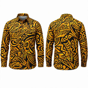 เสื้อเชิ้ตแขนยาวลายชนเผ่าสำหรับผู้ชาย สีเหลืองดำ พิมพ์ลายแบบซับลิเมชั่น แฟชั่นสำหรับทำงาน ระบายอากาศได้ดี ผลิตจากโพลีเอสเตอร์ - Product Image 1