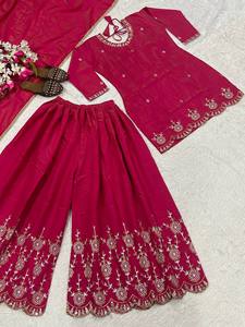 Red Embroidered Casual Salwar Kameez Set V Neck Long Coat Wide Leg Pants <b>Shawl</b> for <b>Wedding</b> Party Graduation Diwali Wear - Product Image 6