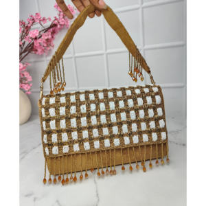 Bolso de mano con cuentas y flecos, elegante bolso de hombro para fiesta nocturna, patrón dorado y blanco - Product Image 1