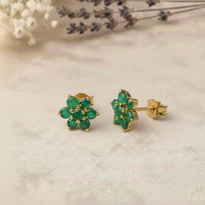Lab Grown Emerald <b>Stud</b> <b>Earrings</b> 925 Sterling Silver Gold Plated round Cut Green Gemstone <b>Earrings</b> for Women - Product Image 3