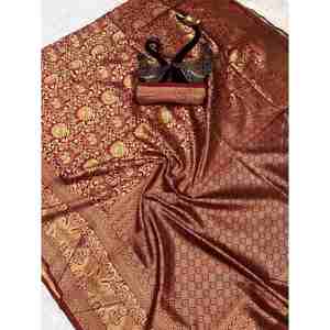 DISEÑADOR LICHI SEDA ZARI TEJIDO TRABAJO SAREE CON BLUSA DESCOSADA MAROON - Product Image 1