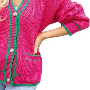 2026 Pink Custom Colours Embroidered Wool/Acrylic <b>Thick</b> V-neck Casual Sorority Fraternity College Varsity <b>Cardigan</b> Sweater - Product Image 6