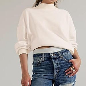 เสื้อสเวตเชิ้ตคอกลมผู้หญิง ผ้าฝ้ายถัก 100% สีพื้น แขนสามส่วน ทรงหลวม สวมใส่สบายๆ สำหรับฤดูใบไม้ร่วง - Product Image 1
