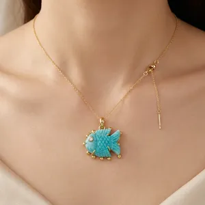Natural Amazonite Gemstone Fish Carved Charm Animal Pendant Necklace White CZ Eye 18K Gold Plated Brass Anti Tarnish Jewelry - Product Image 1