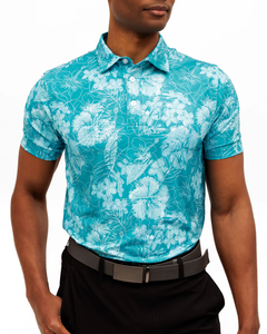 Polo de Manga Corta con Estampado Floral Turquesa para Hombre, Casual, Transpirable, Tejido, Corte Regular, Cierre de Botones - Product Image 4