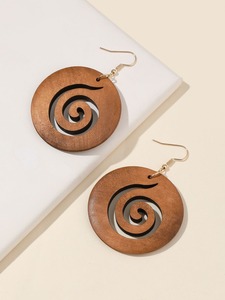 Boucles d'oreilles en bois au design antique, creuses, avec crochet, pour femme – Qualité admirable au meilleur prix - Product Image 6