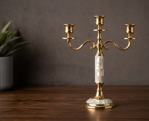 Golden Three-Arm Candelabra with Mother of Pearl Inlay Decorative <b>Candle</b> Holder for Home Decoration - Product Image 2