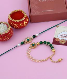 Rakhi Hexagonal de Piedra Esmeralda con Conjunto de Pulsera de Cuentas para Hombres y Mujeres, Joyería Ajustable con Hilo para el Festival de Regalo Raksha Bandhan - Product Image 1