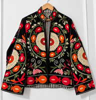 Veste bomber en velours de coton légère pour femmes, matelassée, avec logo floral brodé Suzani, style ethnique bohème, ouverte sur le devant, artisanale, pour l'automne