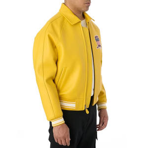 เสื้อแจ็คเก็ตบอมเบอร์สีเหลืองสำหรับผู้ชายยี่ห้อ Avirex ทำจากหนัง PU พร้อมป้ายปักลาย ปิดด้วยซิปด้านหน้า ปกเสื้อแบบพับได้ สไตล์ลำลอง ผลิตตามสั่ง - Product Image 6