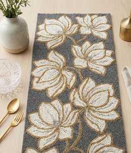 Handmade Embroidered Fabric <b>Table</b> Runner Rectangle <b>Magnolia</b> Flower Design Contemporary Style Decorative Mat - Product Image 1