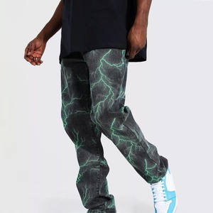 Men Lightning Print Baggy Jeans Acid Wash Graphic Denim <b>Pants</b> Y2K Streetwear Relaxed Fit OEM Custom - Product Image 3