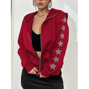 High Quality Heavy Zip Star Rhinestone Lined Casual Cotton Fleece Front Drawstring Hoodies <b>Plus</b> <b>Size</b> Women Winter Customized - Product Image 1