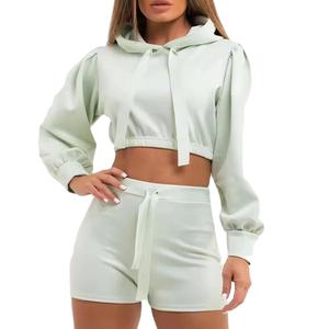 Conjunto de Sudadera Corta con Capucha y Pantalones Jogger de Algodón 100% para Mujer, con Cremallera, Estilo Motero, Personalizable con Logotipo, Invierno 2026 - Product Image 1