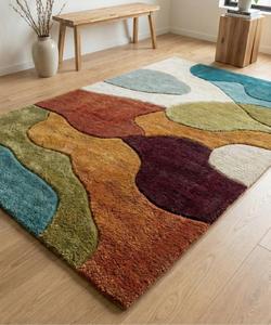 Tapis de luxe moderne abstrait multicolore en laine tuftée à la main, antidérapant, à poils moyens de 10-14 mm, avec support en toile de coton, doux - Product Image 2