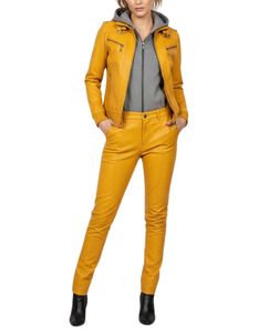 Veste de moto jaune en cuir PU pour femme avec capuche et intérieur doublé, et pantalon assorti - Product Image 4