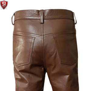 Brown Leather Windproof Midweight <b>Pants</b> for Men <b>Straight</b> <b>Leg</b> Mid Waist Button Fly OEM Custom Winter Casual Wear - Product Image 4
