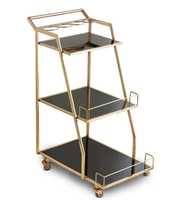 Chariot de bar élégant doré à 3 niveaux avec miroir, chariot de service en verre, porte-vin roulant de luxe avec garde-corps pour mariages, fêtes et la maison