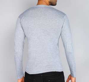 T-shirt à manches longues pour homme, col en V, gris, coupe classique, jersey tricoté uni, haut décontracté - Product Image 2