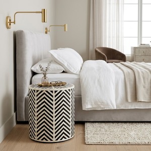 Modern Velvet Wooden Bone Inlay <b>Stool</b> White Finish Accent Ottoman <b>Adjustable</b> Height Storage Side Table for Bedroom Living Room - Product Image 1
