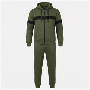 Ensemble de survêtement pour homme vert olive, manches longues, capuche, fermeture éclair sur le devant, couleurs contrastées, coupe décontractée, vêtements d'automne - Product Image 1