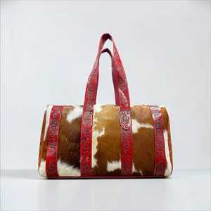 Genuine Leather Duffle <b>Bag</b> with Red Floral Embossing Two Handles Zip Closure Bohemian <b>Weekender</b> Luxury <b>Travel</b> <b>Bag</b> - Product Image 3