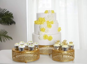<b>Set</b> Of Three Gold Finished Cutwork Floral Design Edge Cake Stand For Anniversary And Birthday Cake Display Wholesale From India - Product Image 4