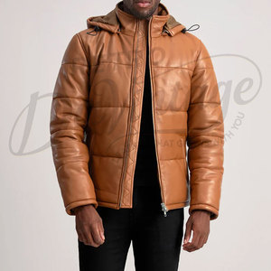 Premium Men's Brown Puffer <b>Leather</b> <b>Jacket</b> with Removable Hood Warm Quilted Winter Coat Windproof Outdoor Casual Outerwear - Product Image 6