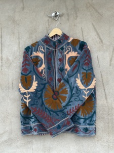 One Size Unisex <b>Velvet</b> Suzani Bomber Jacket Full Sleeve Handmade Floral Embroidered Soft Cotton Reversible Eco-Friendly - Product Image 4