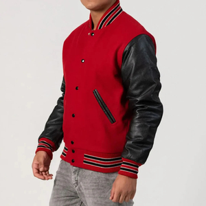 Varsity Bomber <b>Retro</b> Black Wool & Genuine Black Red <b>Leather</b> Sleeves Multi <b>Jacket</b> Stand Collar <b>Jacket</b> Men's <b>Jackets</b> - Product Image 4